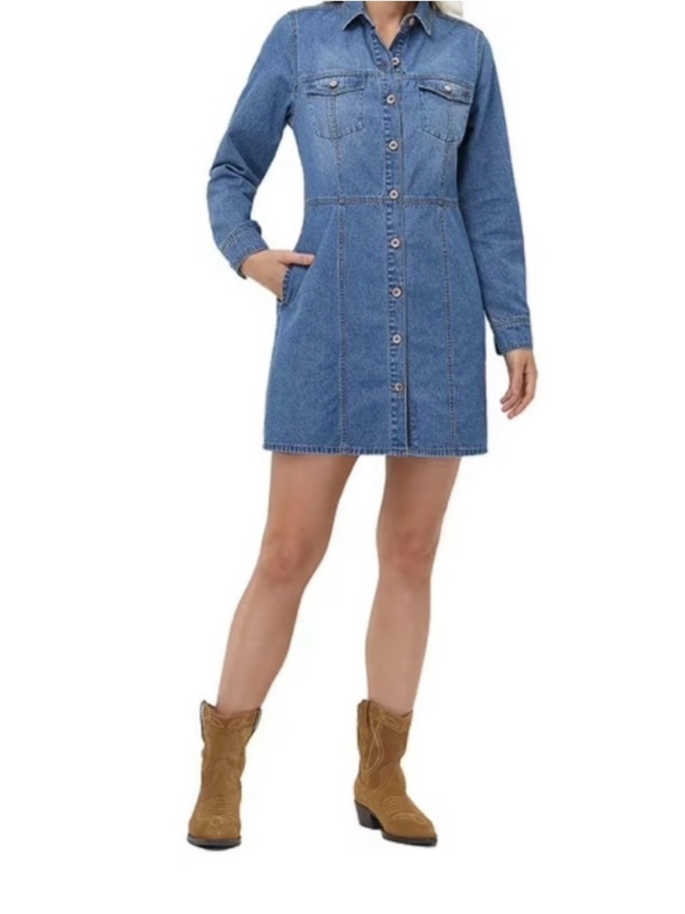 Frye  Denim Shirtdress Light Wash Long Sleeve Snap Front Dual Pockets Sz S.